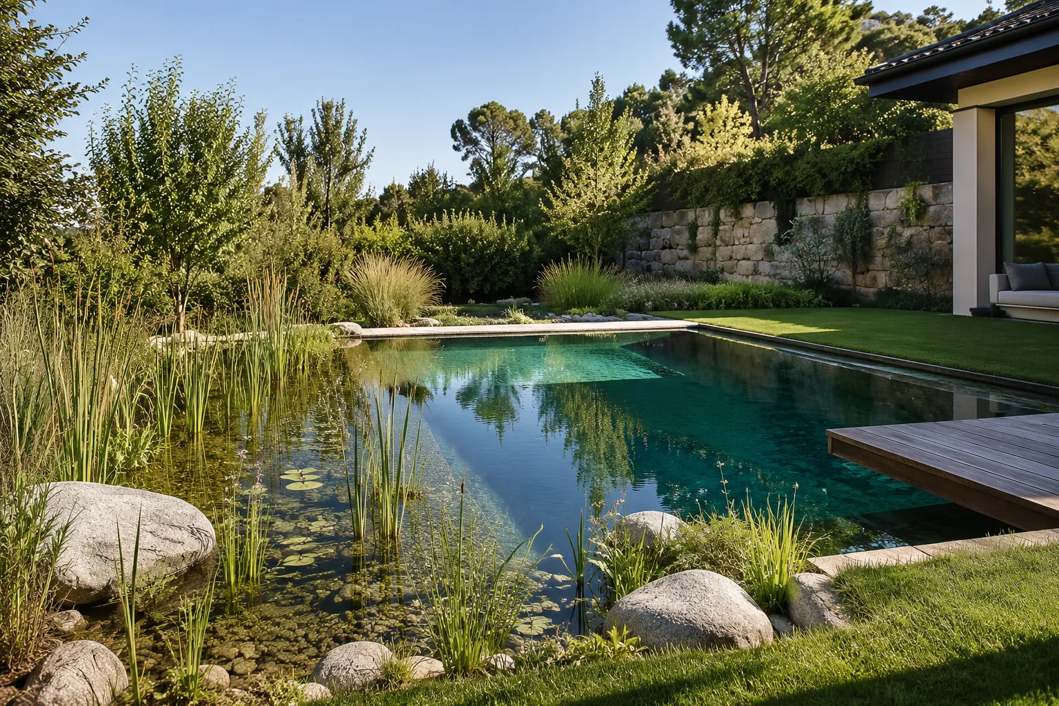 Chalet de la sierra de Madrid con biopiscina integrada en el jardín y zona de plantas