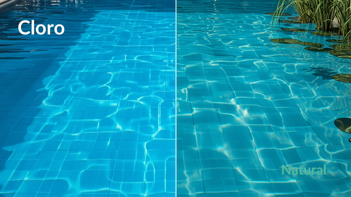 Comparativa visual entre una biopiscina natural y una piscina de cloro tradicional