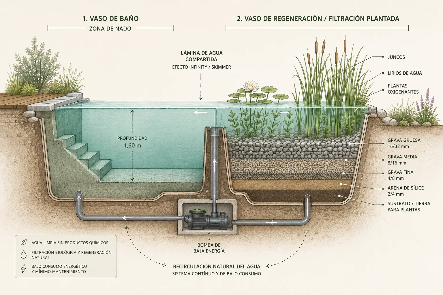 Diagrama de sección transversal de una biopiscina con su zona de regeneración y circulación de agua