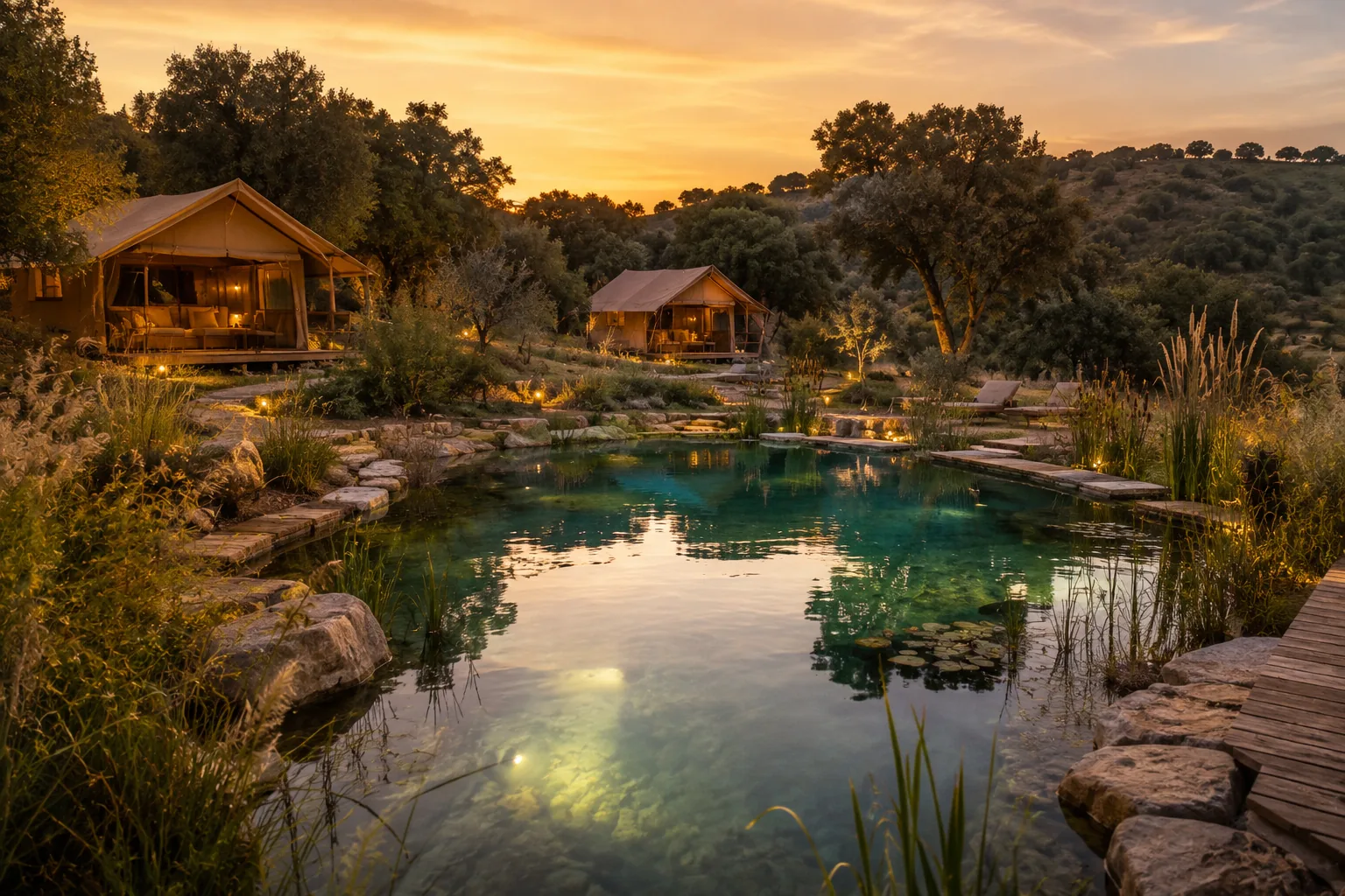 Biopiscina al atardecer junto a un glamping rural