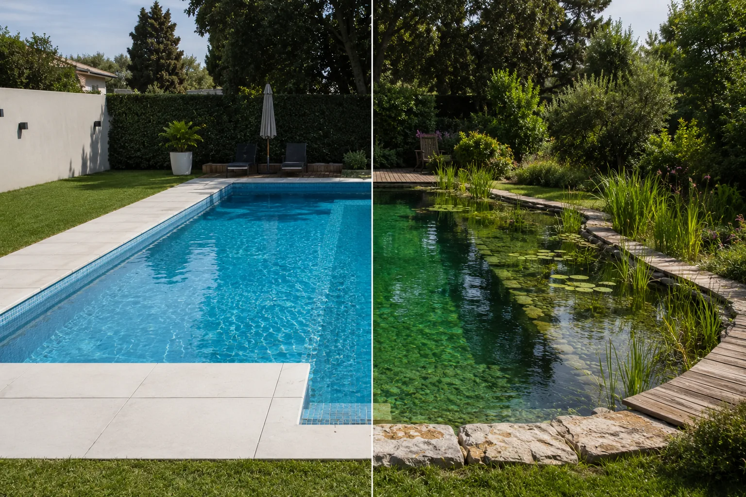 Piscina de cloro antes y después de su reconversión en biopiscina